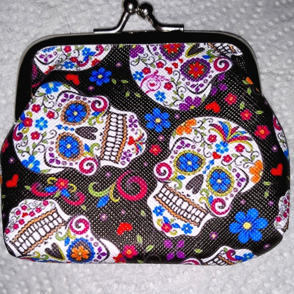 Sugar Skull Purse small Bones Black pink Kiss Clasp Coin Purse, sm bag,chg NEW